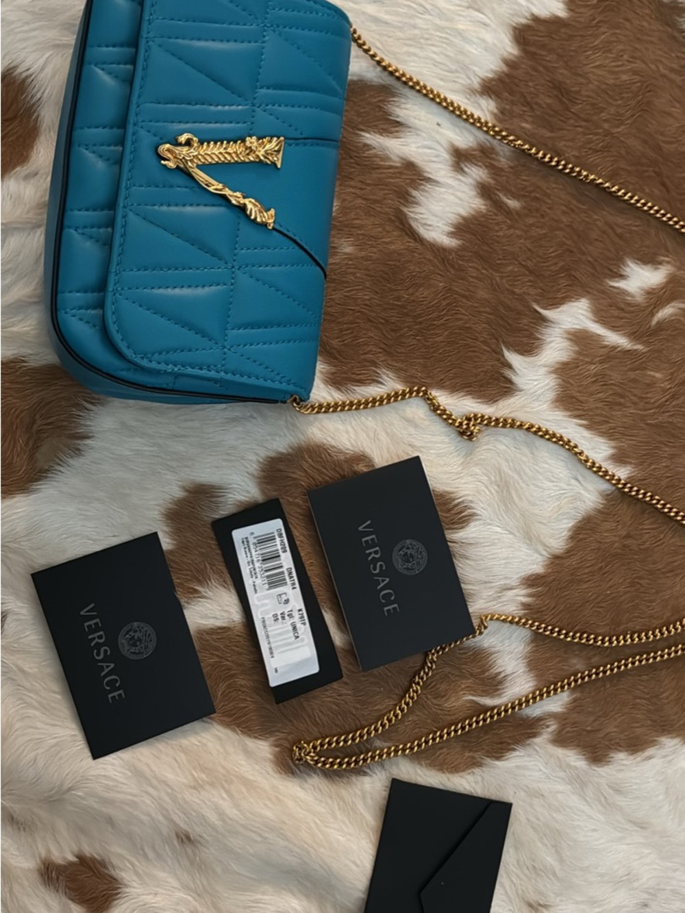NWT Versace Virtus Bright Teal (blue) Mini Quilted Bag with Gold Chain! - Picture 5 of 9